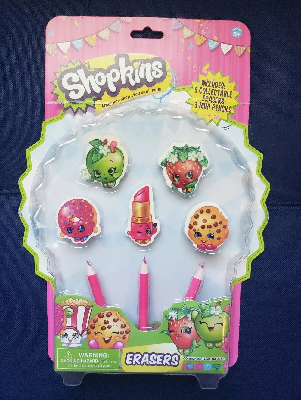 New Shopkins Pink Party Erasers with Mini Pencils NIB Set Collectible